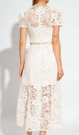 BOW-EMBELLISHED FLORAL-LACE MIDI DRESS IN BEIGE