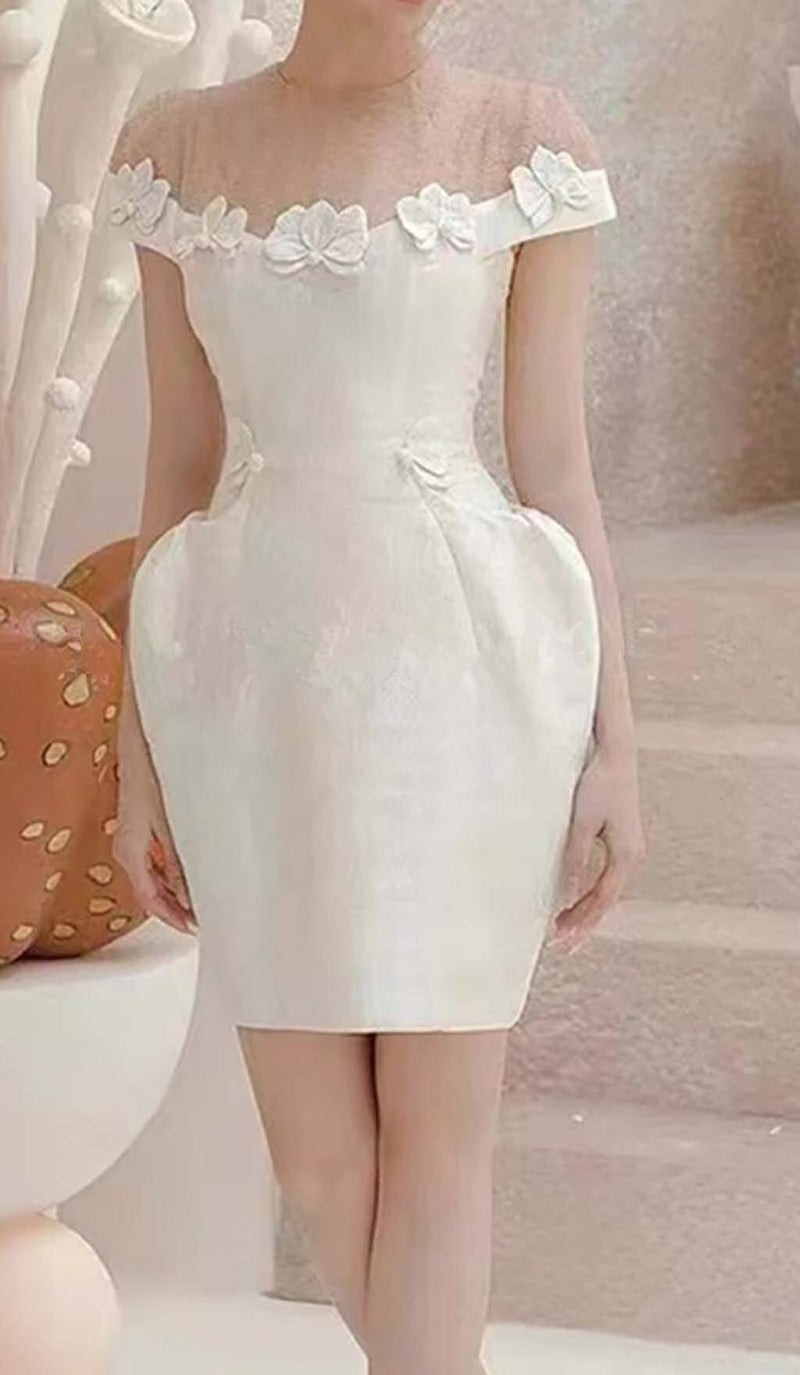 BOW-EMBELLISHED POCKET MIDI DRESS IN WHITE