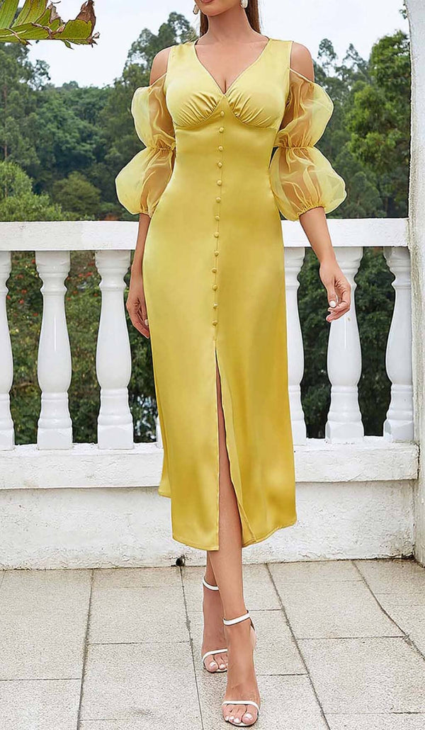 BUTTON FRONT SPLIT THIGH MIDI DRESS IN YELLOW