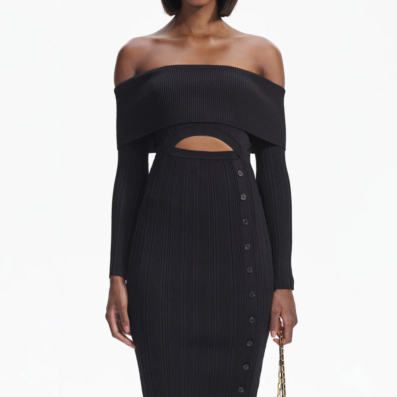 BLACK OFF SHOULDER KNIT MIDI DRESS