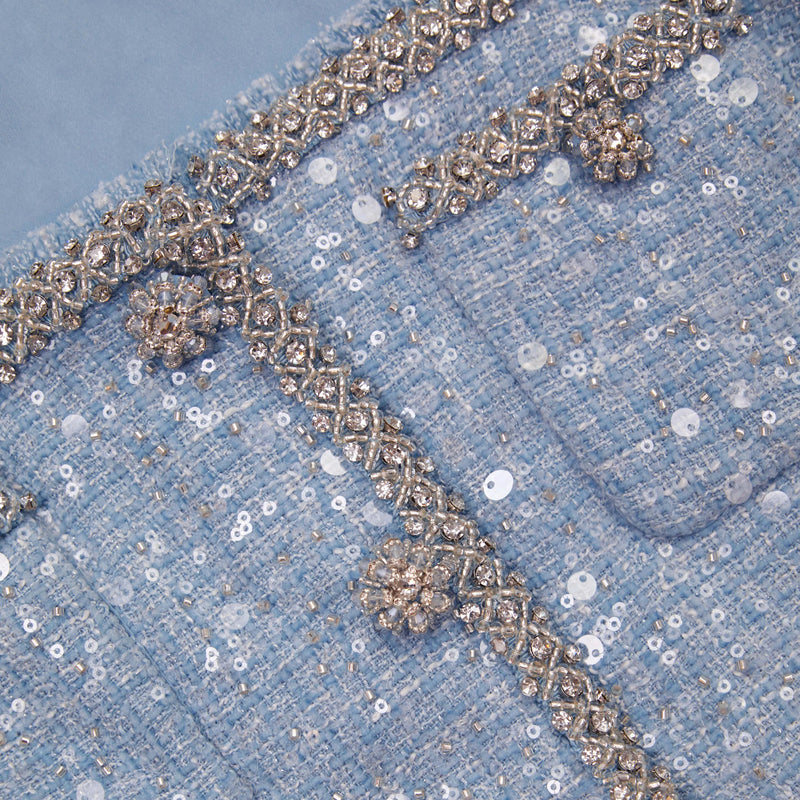 BLAUES BOUCLE-CROP-TOP MIT PAILLETTEN 