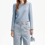 BLAUES BOUCLE-TOP MIT PAILLETTEN 