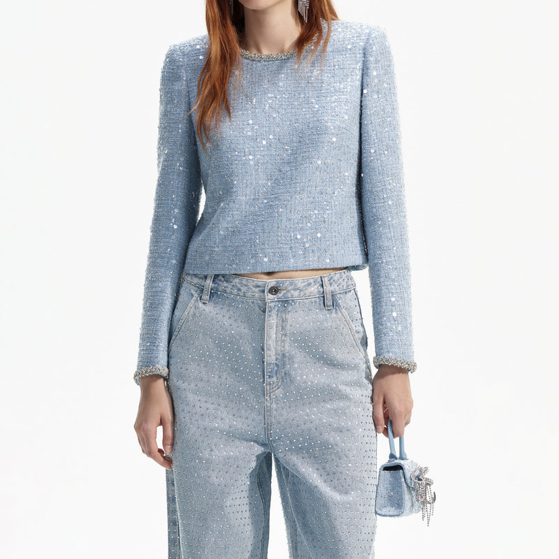 BLAUES BOUCLE-TOP MIT PAILLETTEN 