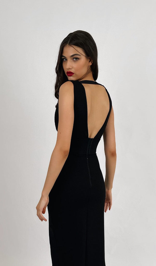 PLUNGE V-NECK MIDI DRESS IN BLACK