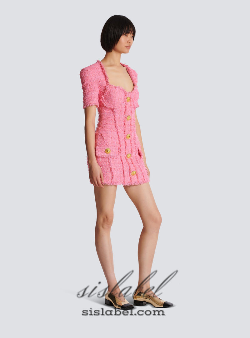 SELENA PINK TWEED MINI DRESS WITH 7-BUTTONS