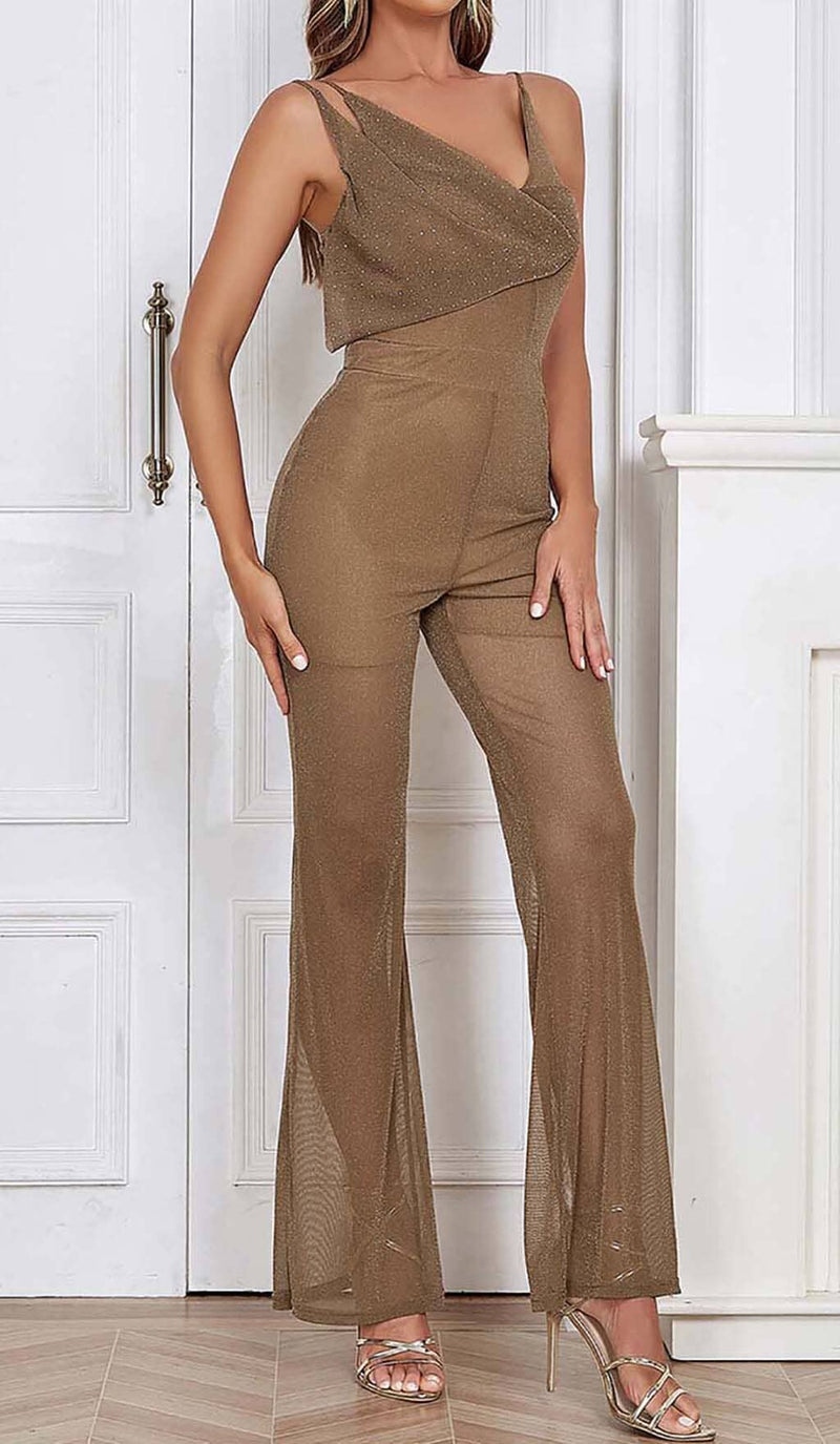 COWL-NECK SEQUIN JUMPSUIT IN KHAKI