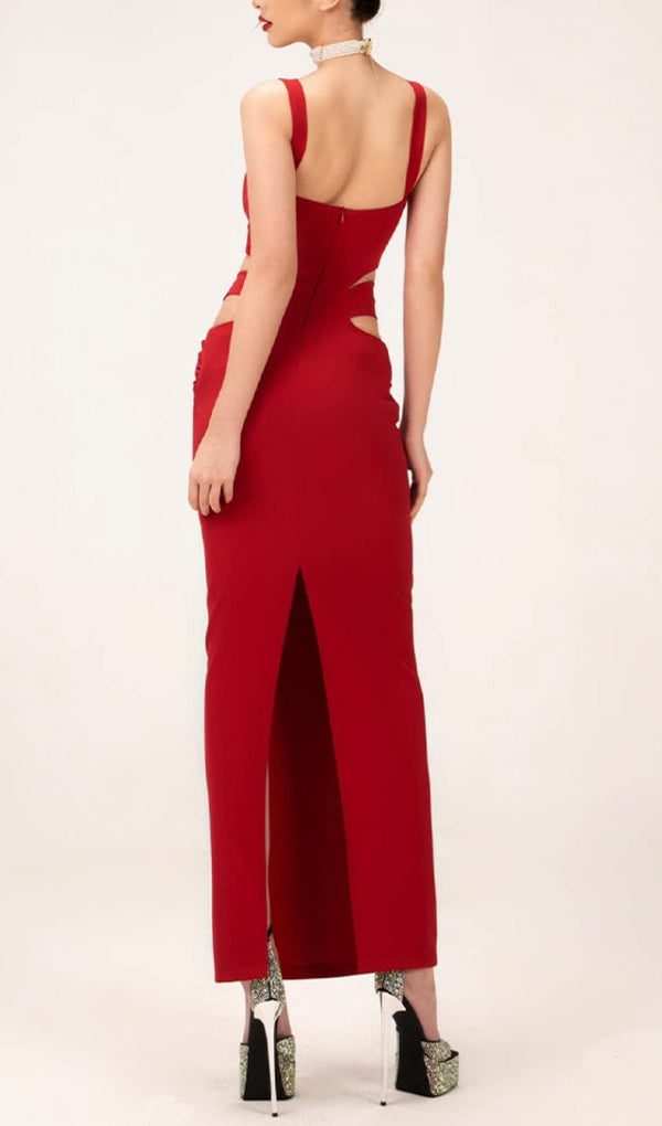 CRTSRAL EMBELLISHED HOLLOW MIDI DRESS IN WINE