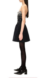 CRYSTAL BEADING STRAPLESS MINI DRESS IN BLACK