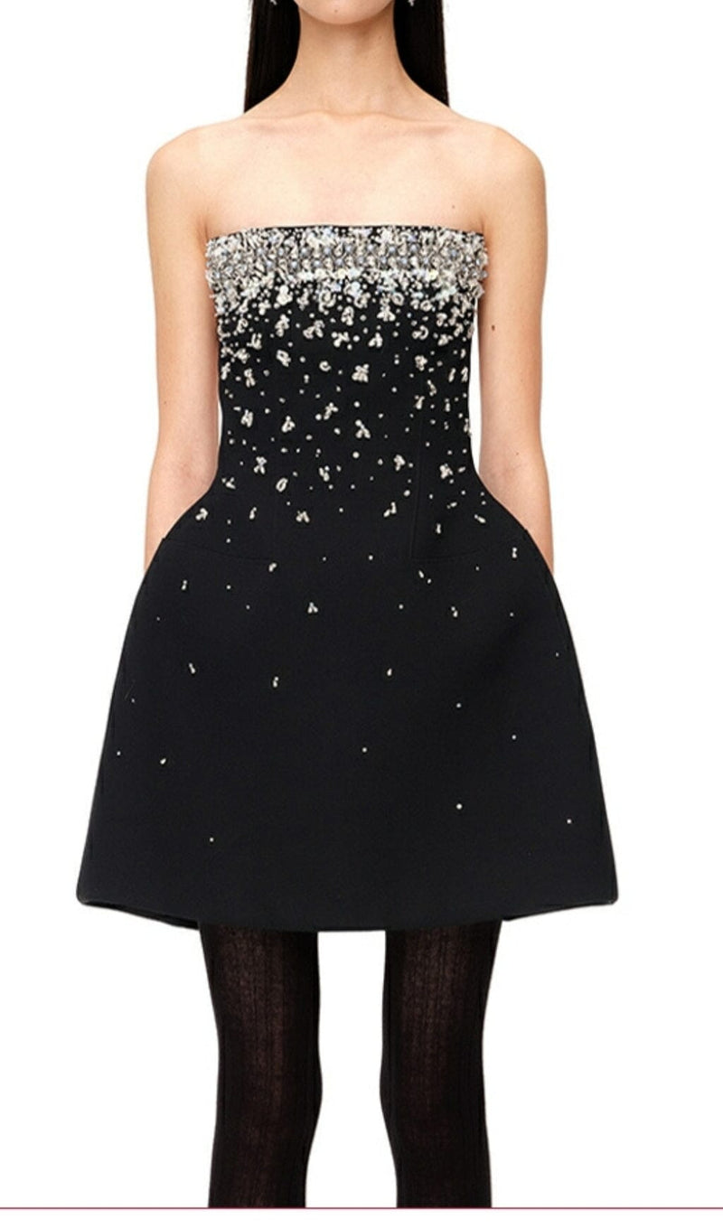 CRYSTAL BEADING STRAPLESS MINI DRESS IN BLACK