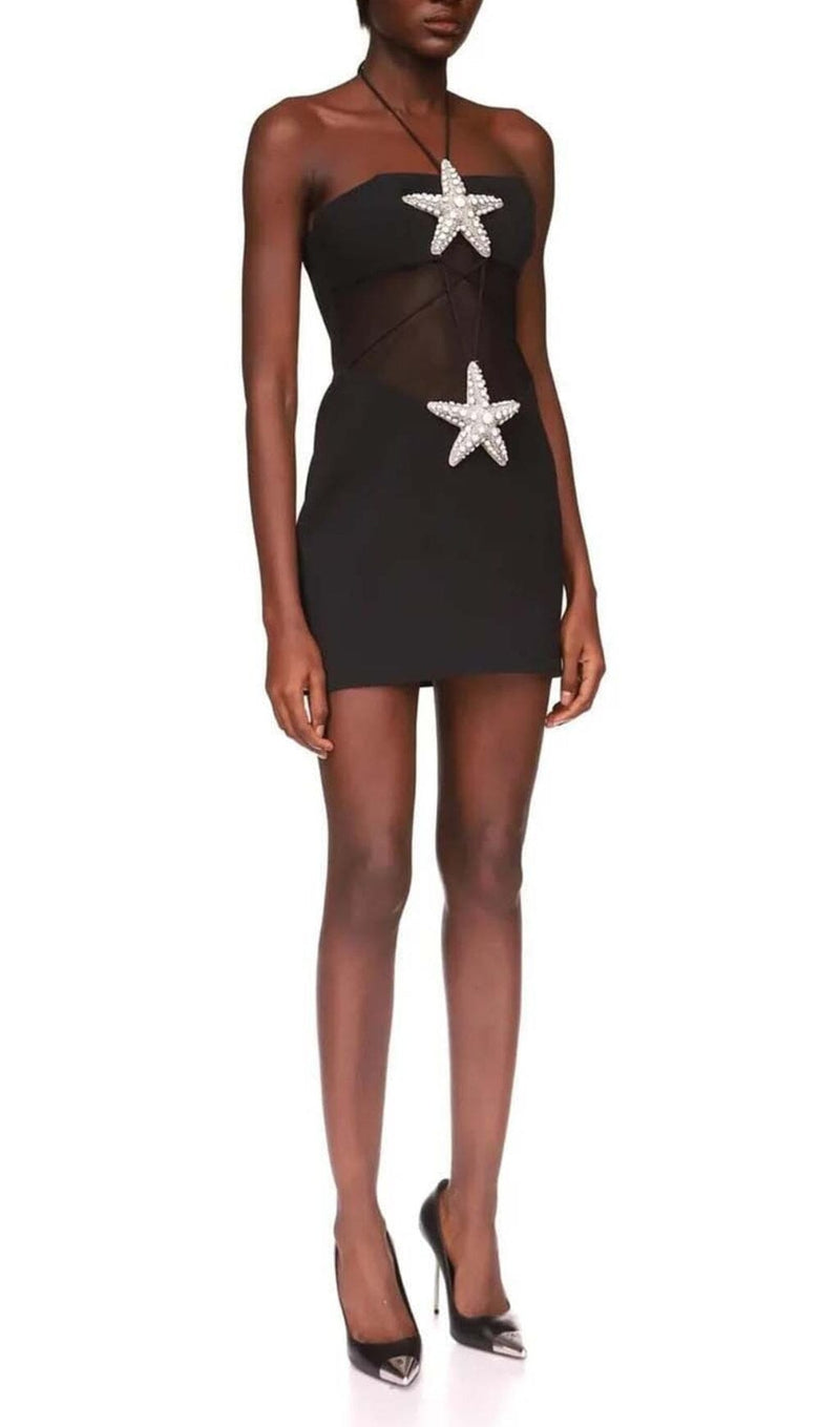 CRYSTAL STARFISH HALTER MINI DRESS IN BLACK