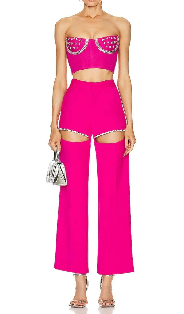 CRYSTAL STITCHED CUTOUT TWO PIECE SET IN PINK