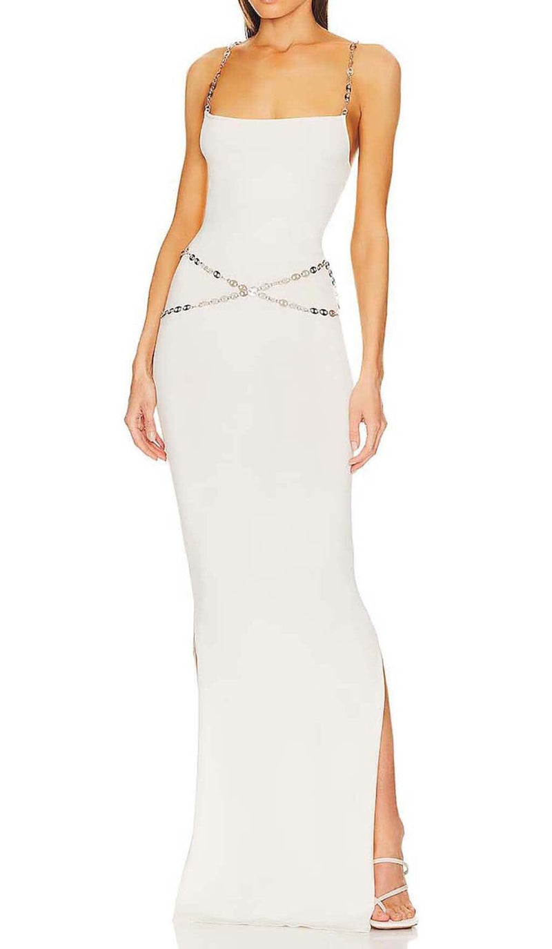 CRYSTAL STRAPPY BANDAGE MAXI DRESS IN WHITE