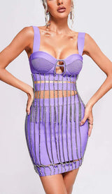 CRYSTAL TASSEL BANDAGE MINI DRESS IN PURPLE