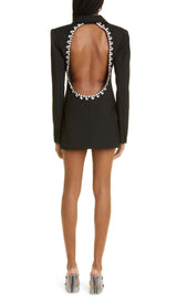 CRYSTAL TRIM BACK CUTOUT JACKET DRESS IN BLACK