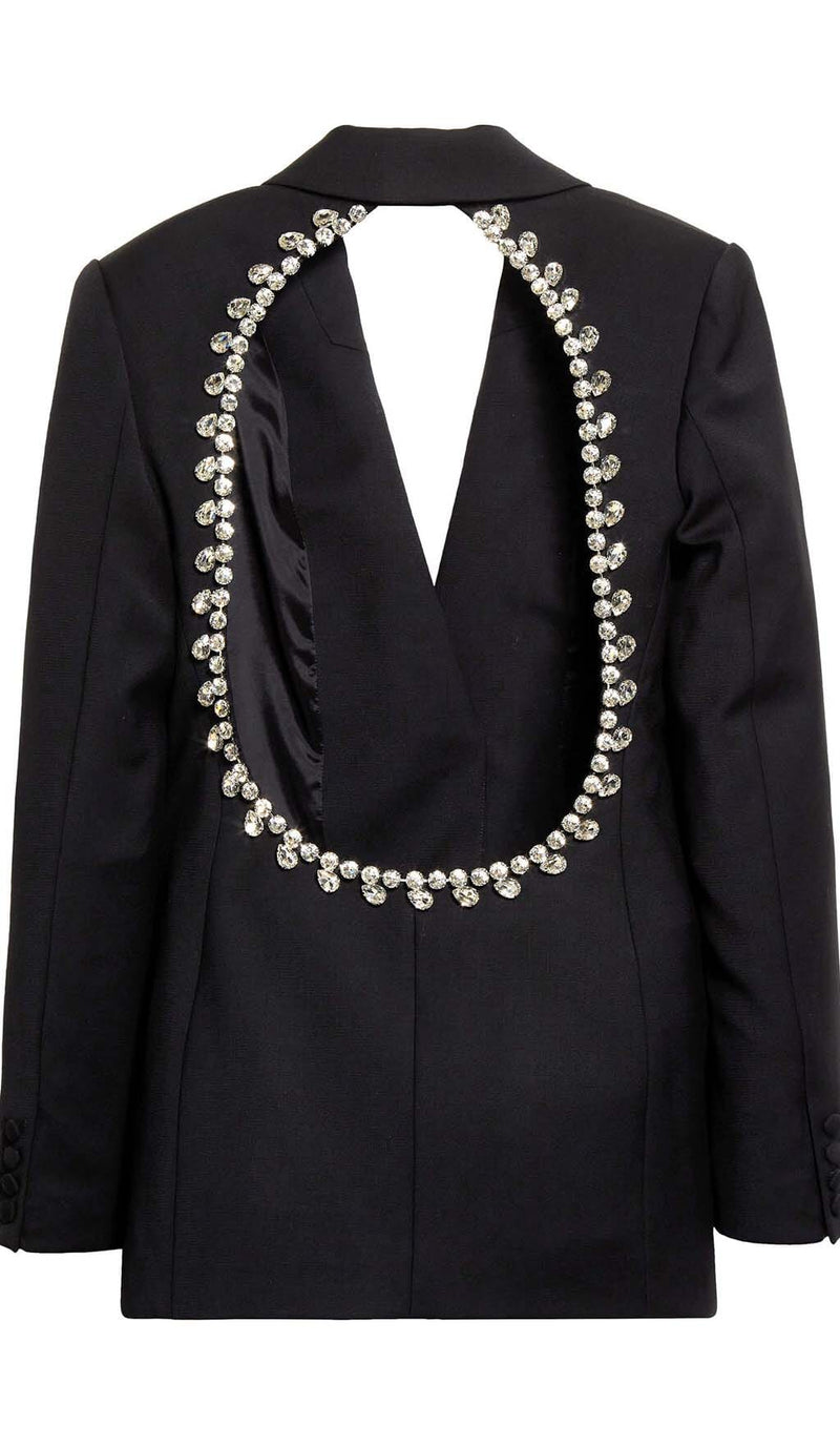 CRYSTAL TRIM BACK CUTOUT JACKET DRESS IN BLACK