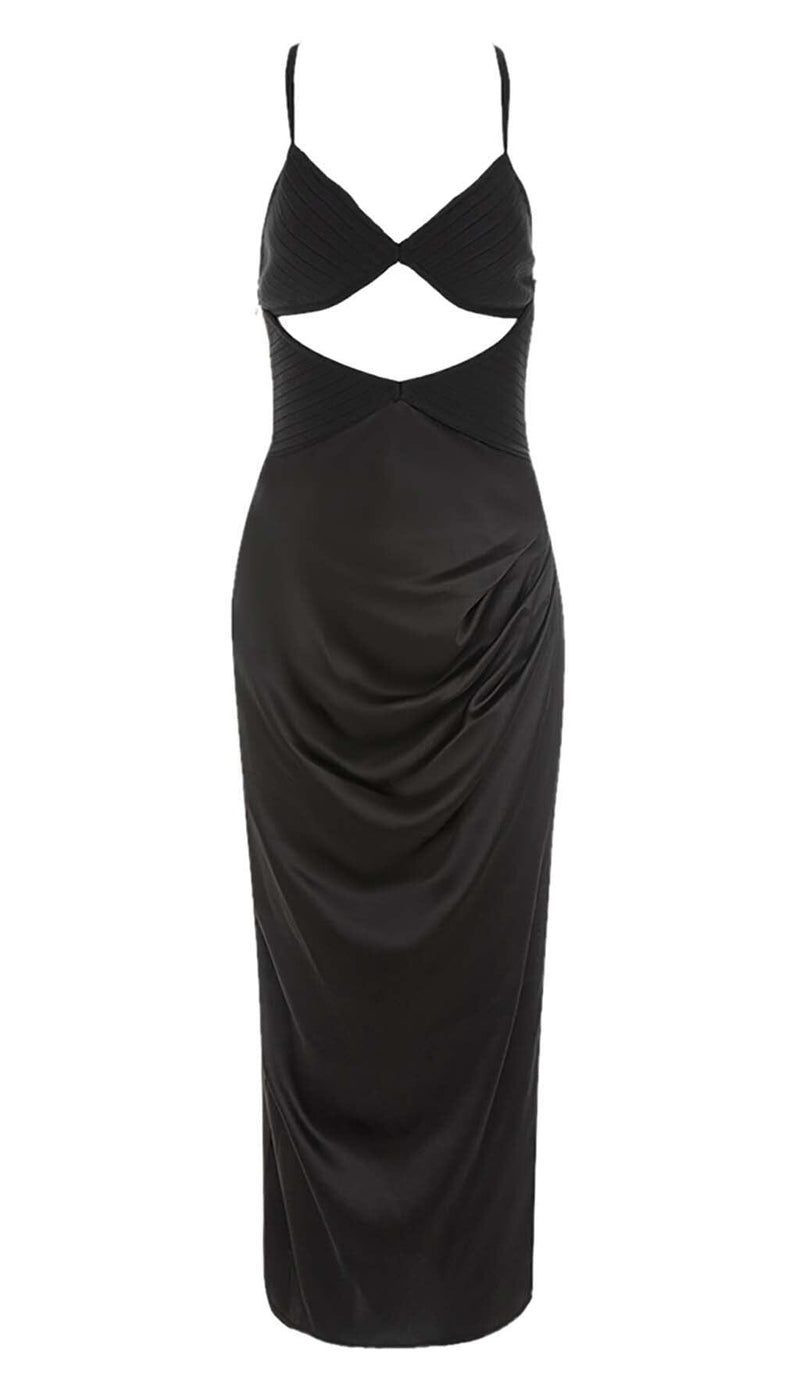 CUT OUT FRONT SATIN CAMI MIDI DRESS IN BLACK