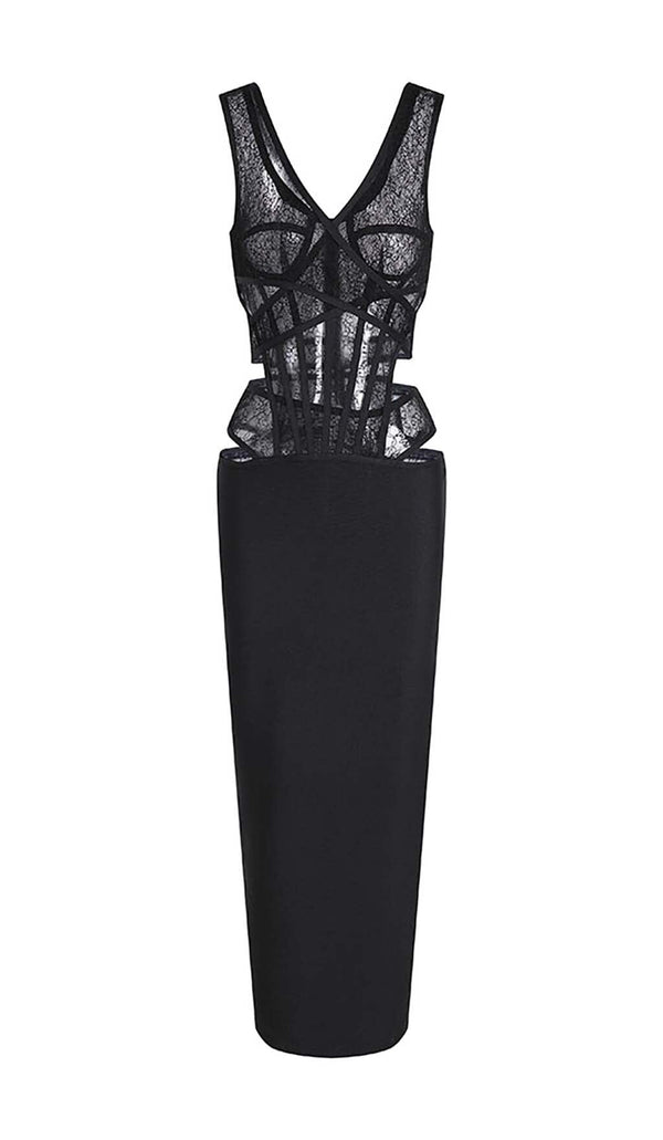 CUT-OUT TULLE CORSET MAXI DRESS IN BLACK