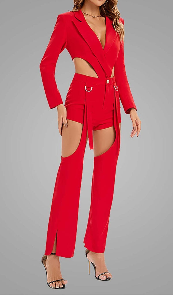 CUTOUT BACKLESS THREE PIECE SET IN RED