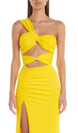 CUTOUT ONE-SHOULDER MIDI DRESS IN LEMON