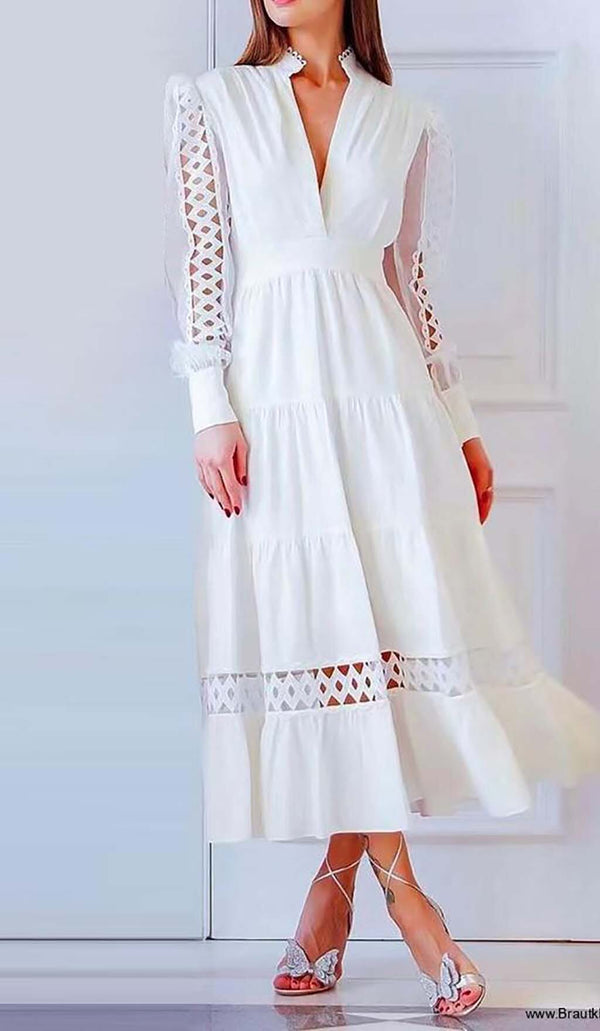 CUTWORK PLUNGE MIDI DRESS IN WHITE