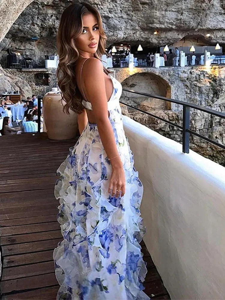 BELINDA BLUE FLORAL VERTICAL RUFFLE TRIM MAXI DRESS