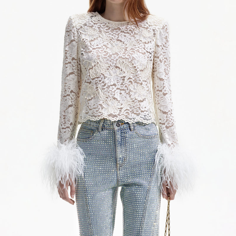 CREAM CORD LACE FEATHER TOP