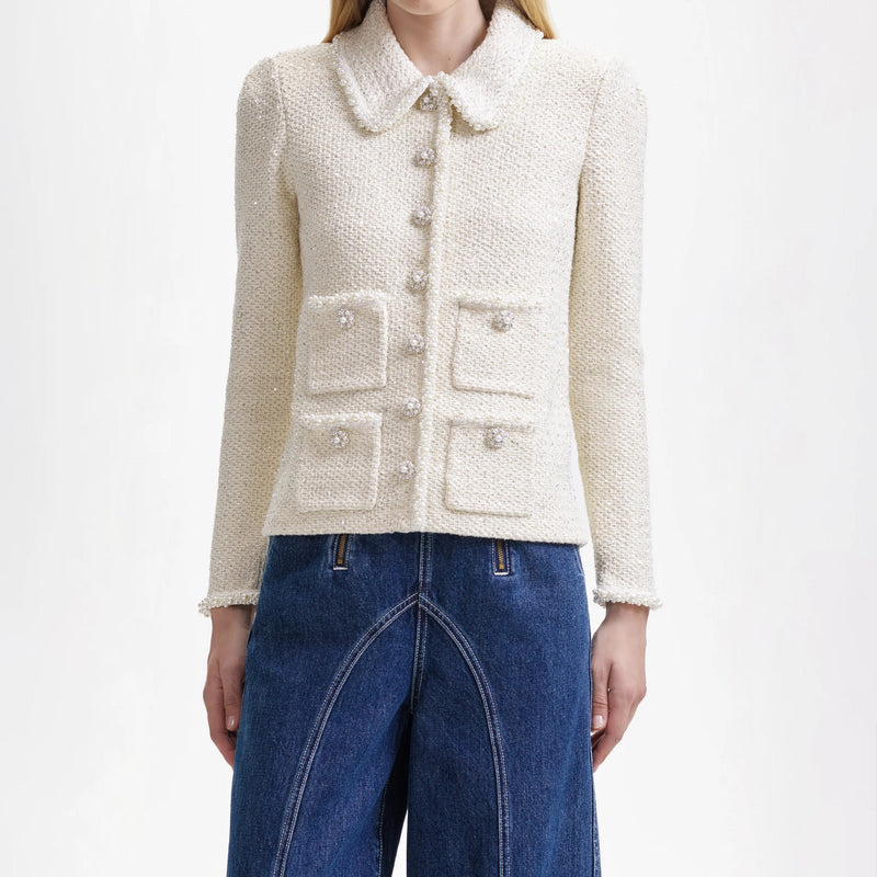 CREME STRICK-CARDIGAN MIT PAILLETTEN UND PERLEN 