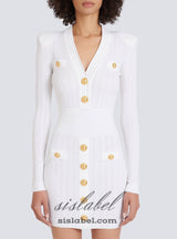 TARA WHITE SHORT KNITTED MINI DRESS WITH GOLD BUTTONS