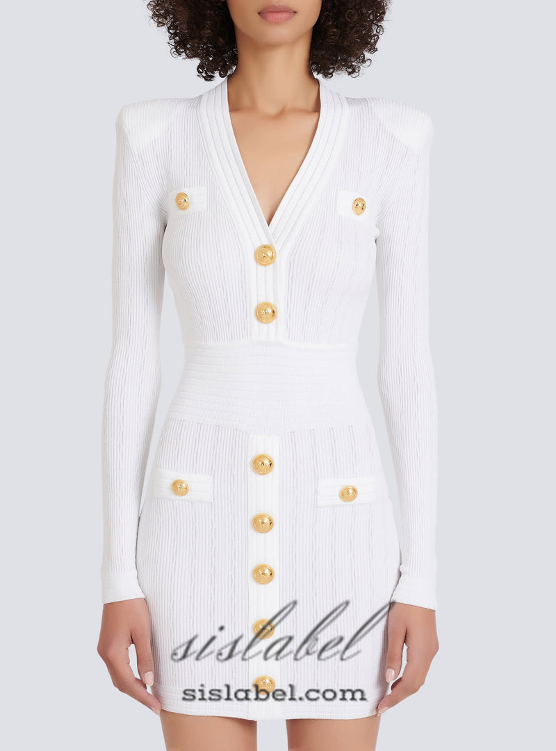 TARA WHITE SHORT KNITTED MINI DRESS WITH GOLD BUTTONS