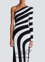 XAVIERA ASYMMETRICAL STRIPED KNIT MAXI DRESS