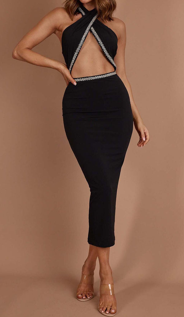 DIAMANTE TRIM MIDI DRESS IN BLACK