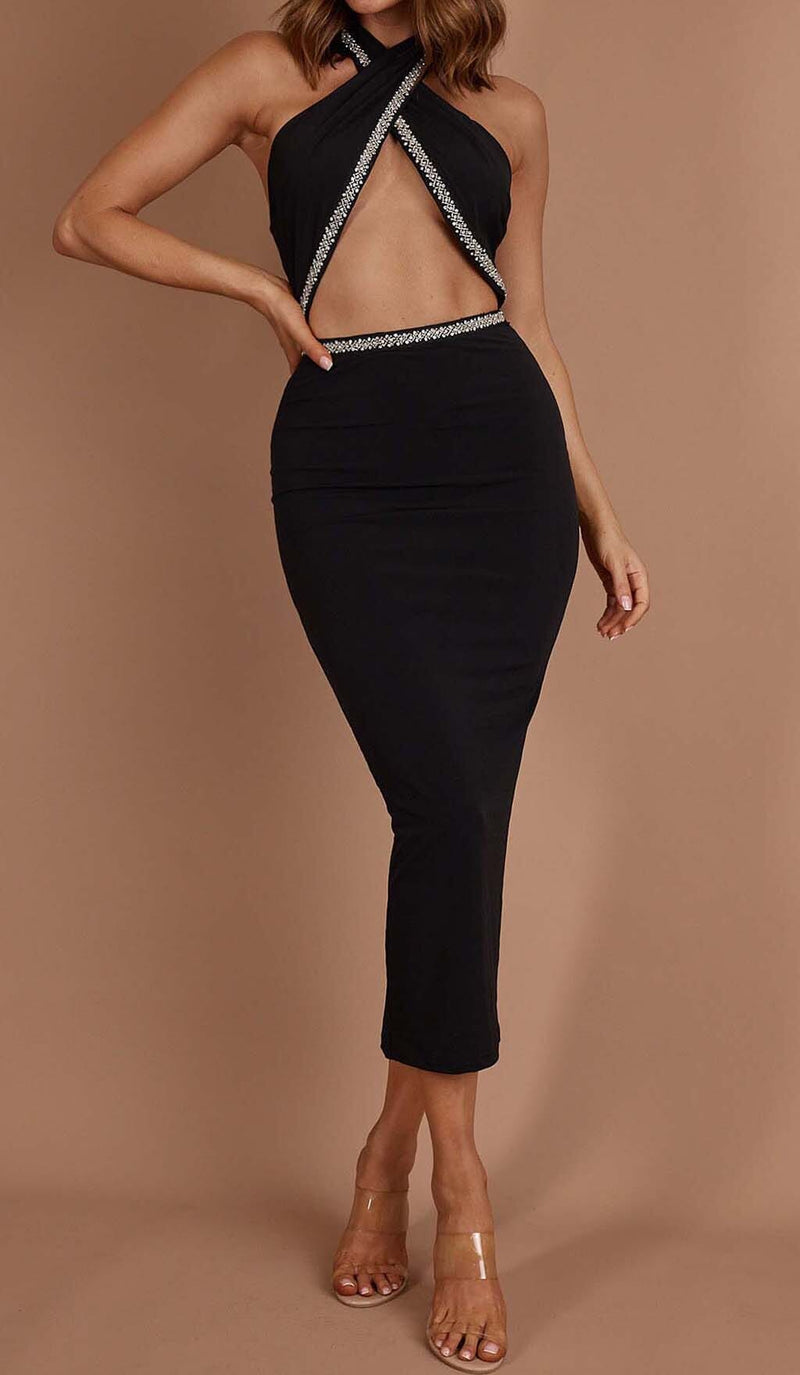 DIAMANTE TRIM MIDI DRESS IN BLACK