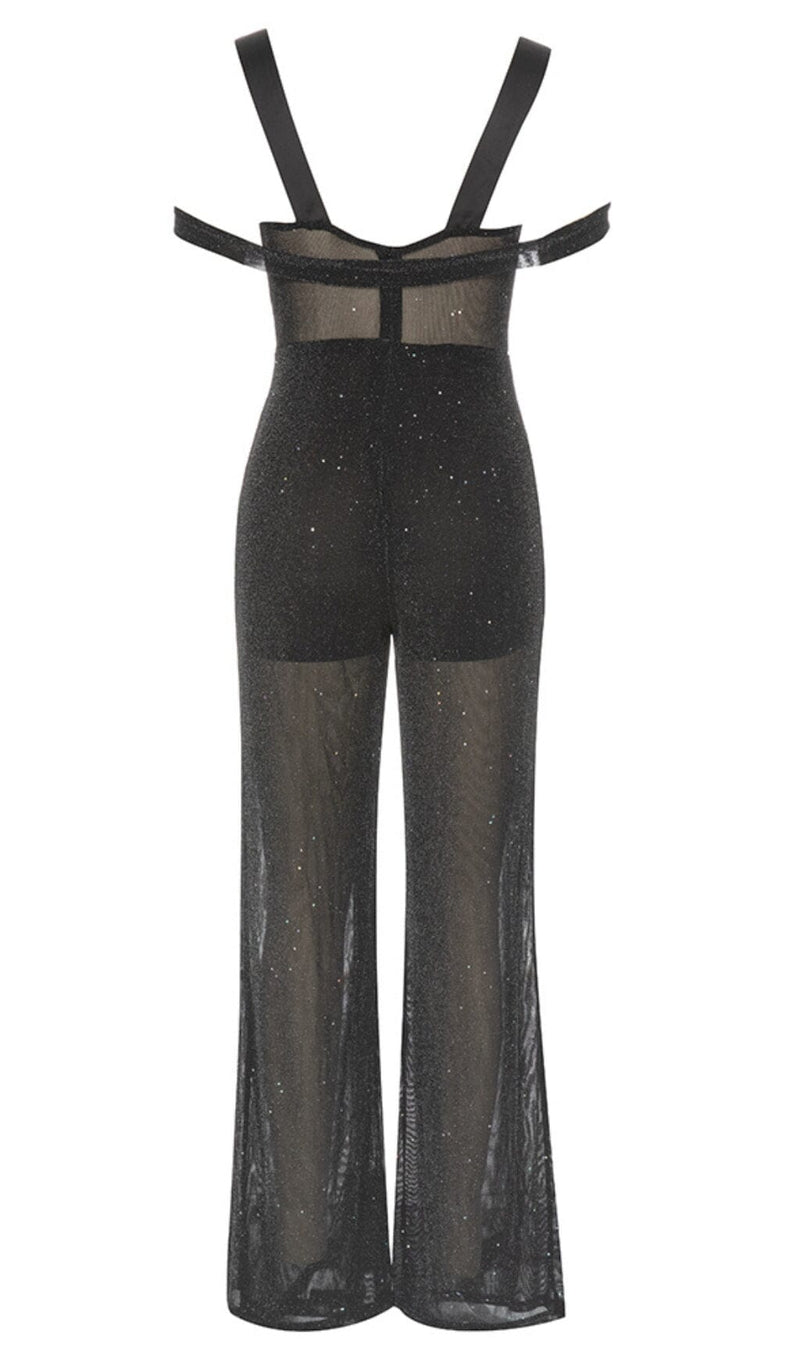 DIAMANTE MESH JUMPSUIT IN BLACK