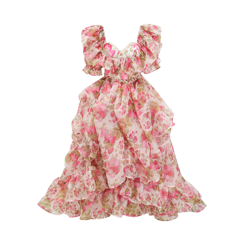 FRUIT-PRINT RUFFLED MAXI DRESS IN PINK