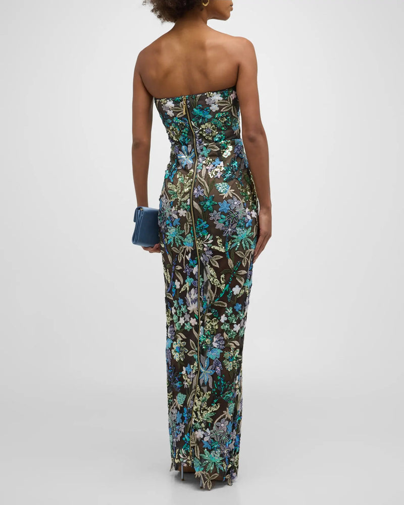 STRAPLESS FLORAL-EMBELLISHED COLUMN GOWN