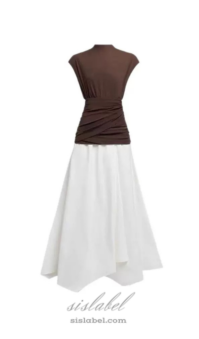 brown Waist cross pleats midi dress with asymmetric hemline