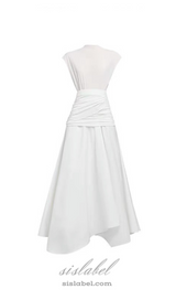 white Waist cross pleats midi dress with asymmetric hemline