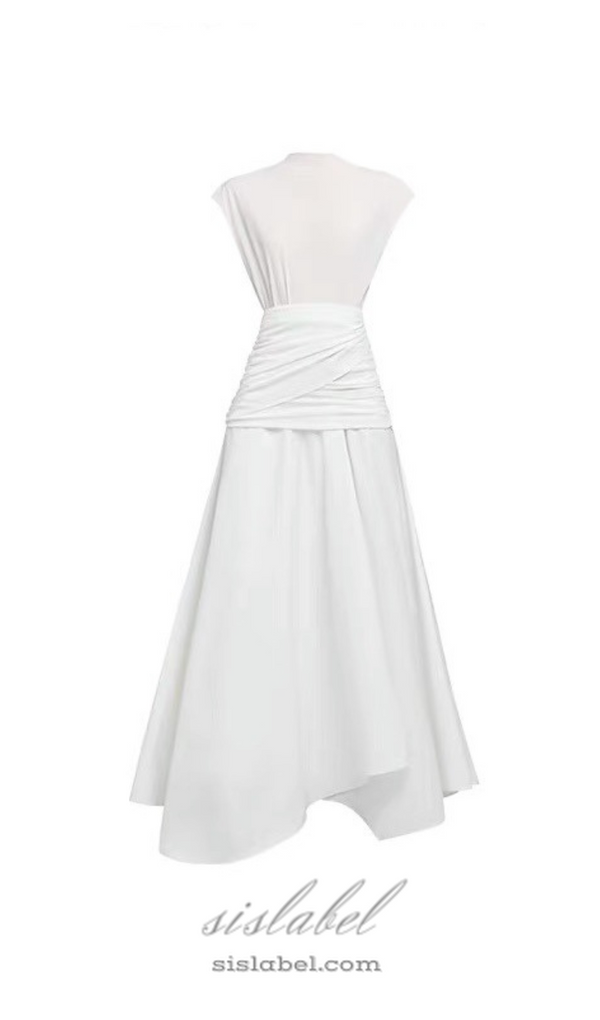 white Waist cross pleats midi dress with asymmetric hemline