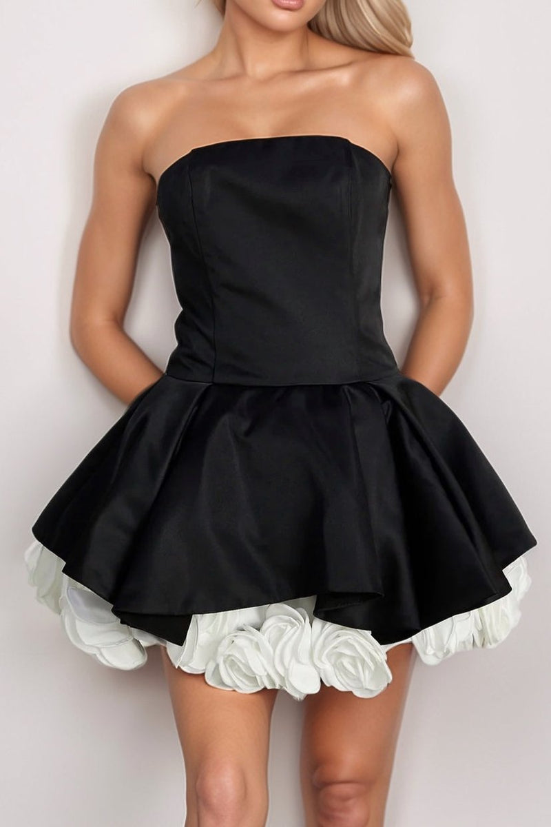 flower-embellished-hem black strapless mini dress