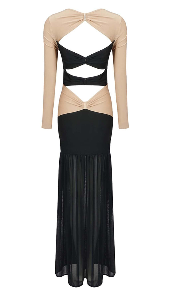 EMBELLISHED CUTOUT MAXI DRESS IN SEMI