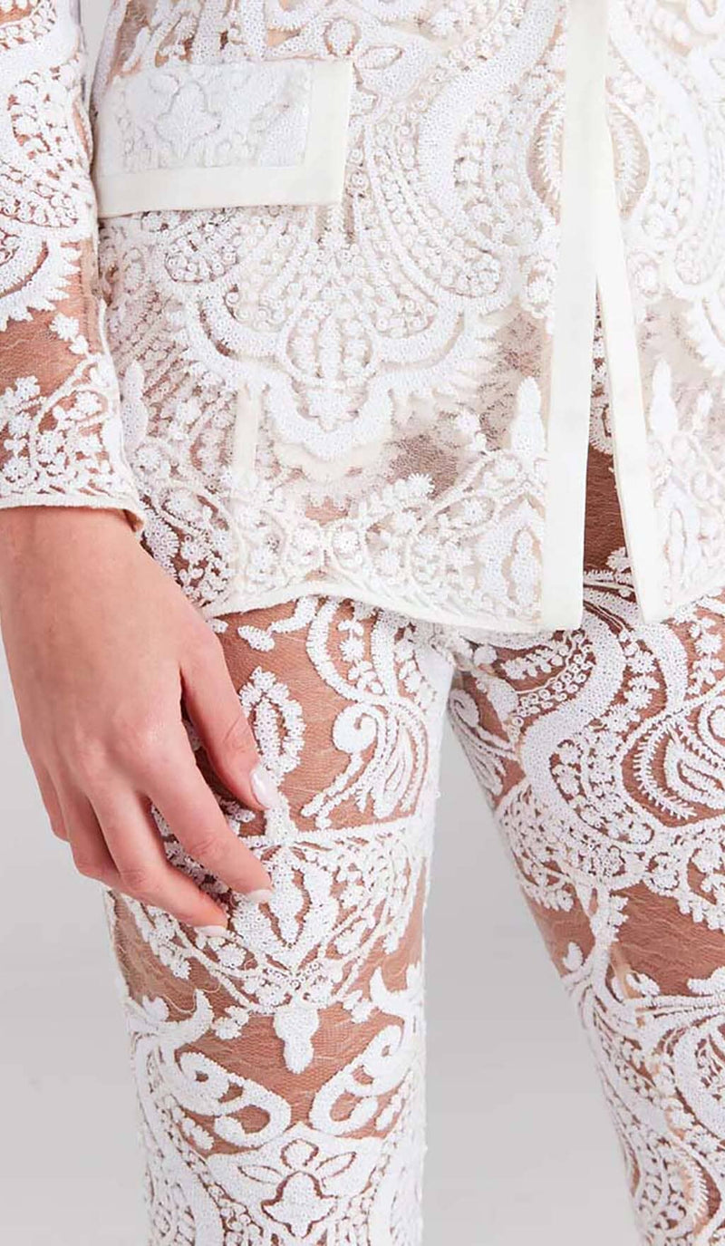 EMBROIDERED LACE MESH JACKET SUIT IN WHITE