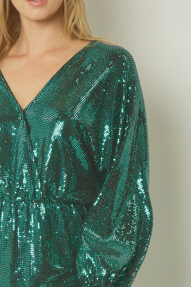 Shiny Green Metallic Long Sleeve Mini Dress