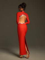 baguette crystals side cutouts embroidered Red crêpe maxi dress