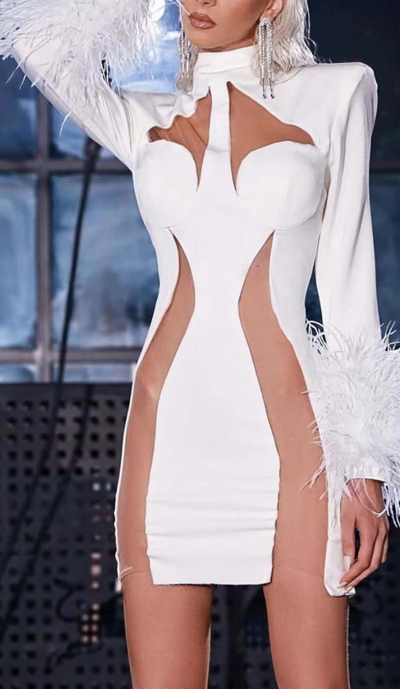 FEATHER BANDAGE MINI DRESS-WHITE