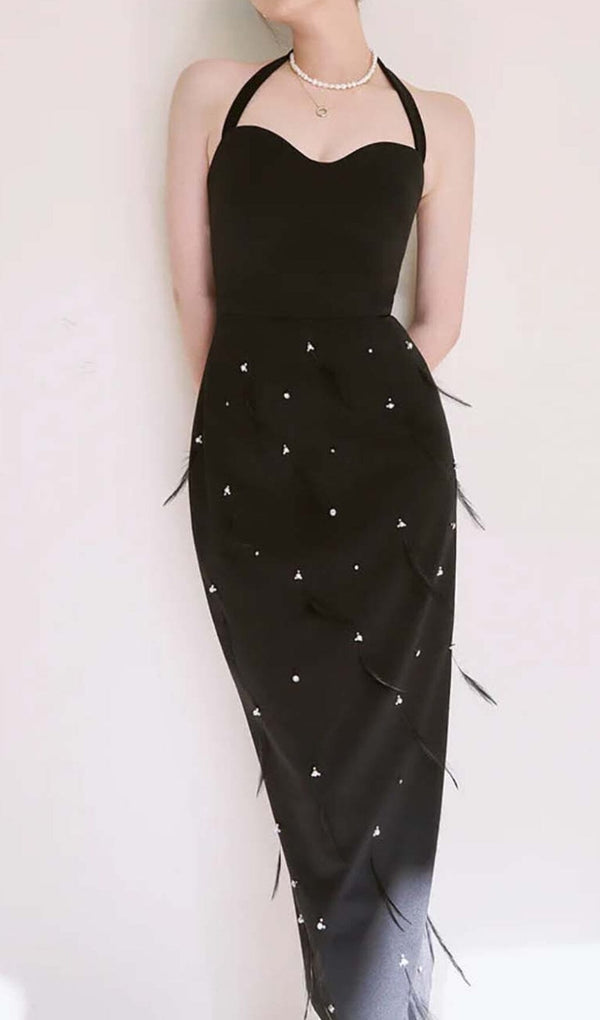 FEATHER RHINESTONES BODYCON MIDI DRESS IN BLACK