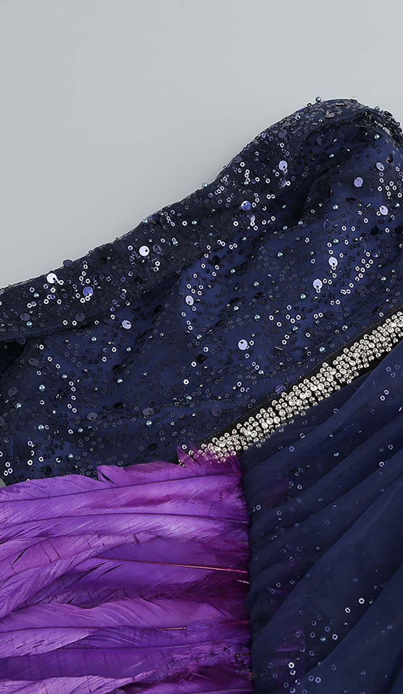 FEATHER SEQUIN MIDI DRESS IN PURPLE