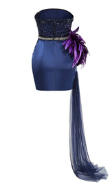 FEATHER SEQUIN MIDI DRESS IN PURPLE