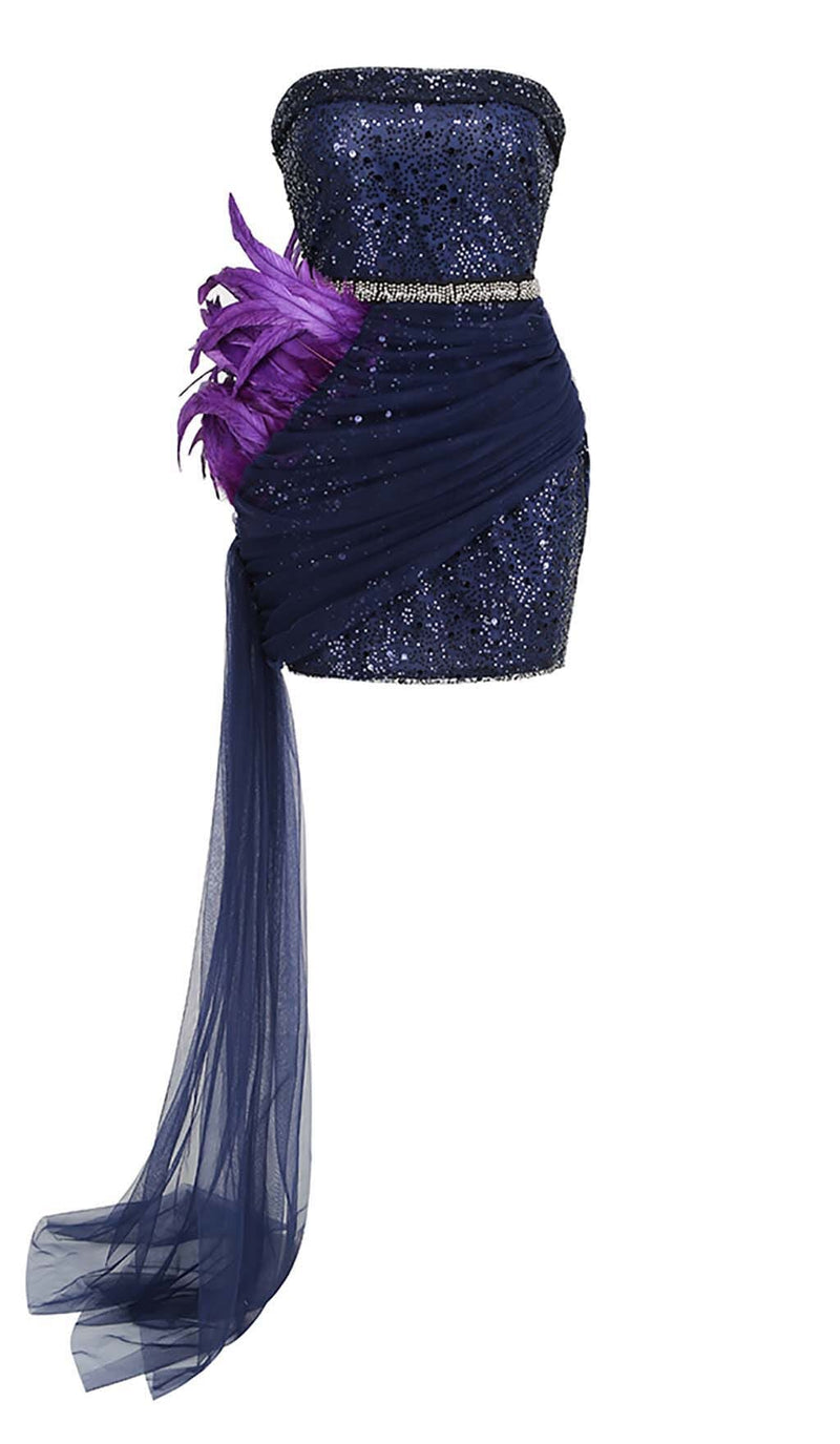 FEATHER SEQUIN MIDI DRESS IN PURPLE