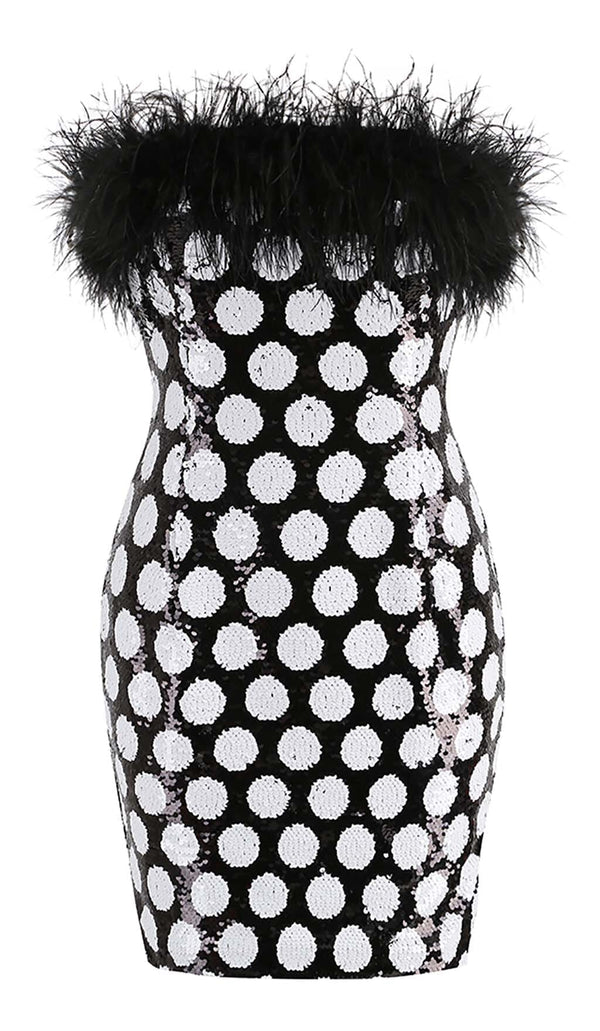 FEATHER TRIM POLKA DOT MINI DRESS