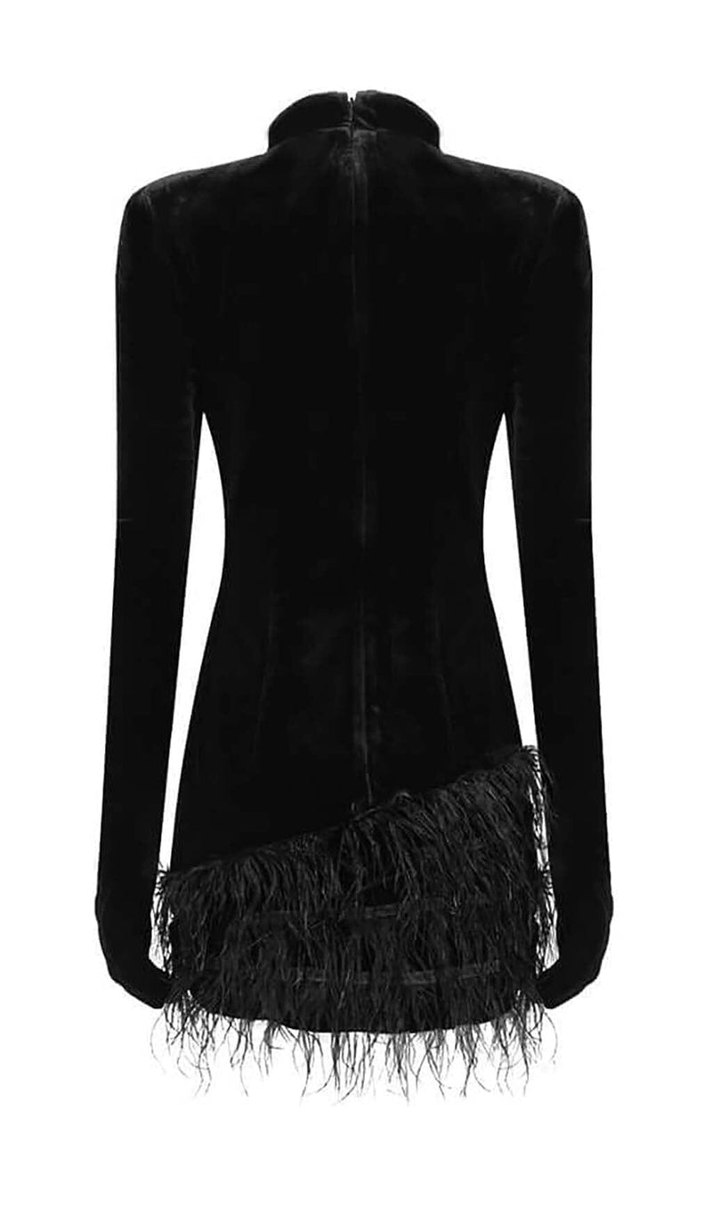 FEATHER VELVET GLOVES MINI DRESS IN BLACK